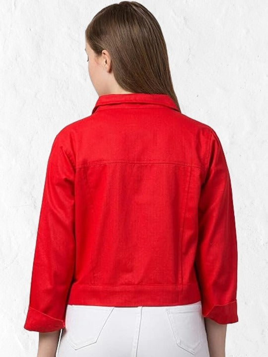Women Red Spread Collar Cotton Denim Jacket – Casual Everyday Outerwear by HARCHIZ Pakistan
