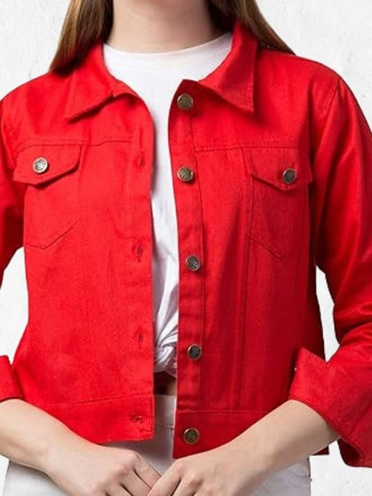 Women Red Spread Collar Cotton Denim Jacket – Casual Everyday Outerwear by HARCHIZ Pakistan