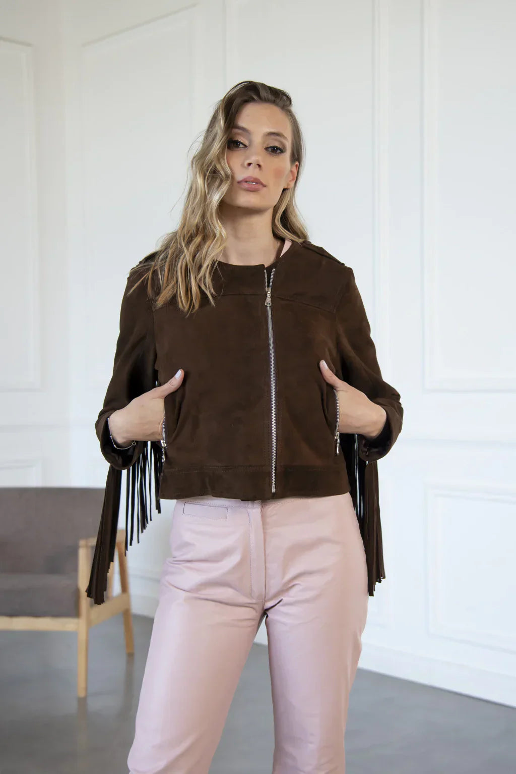 Dark Brown Fringe Women's Suede Leather Jacket