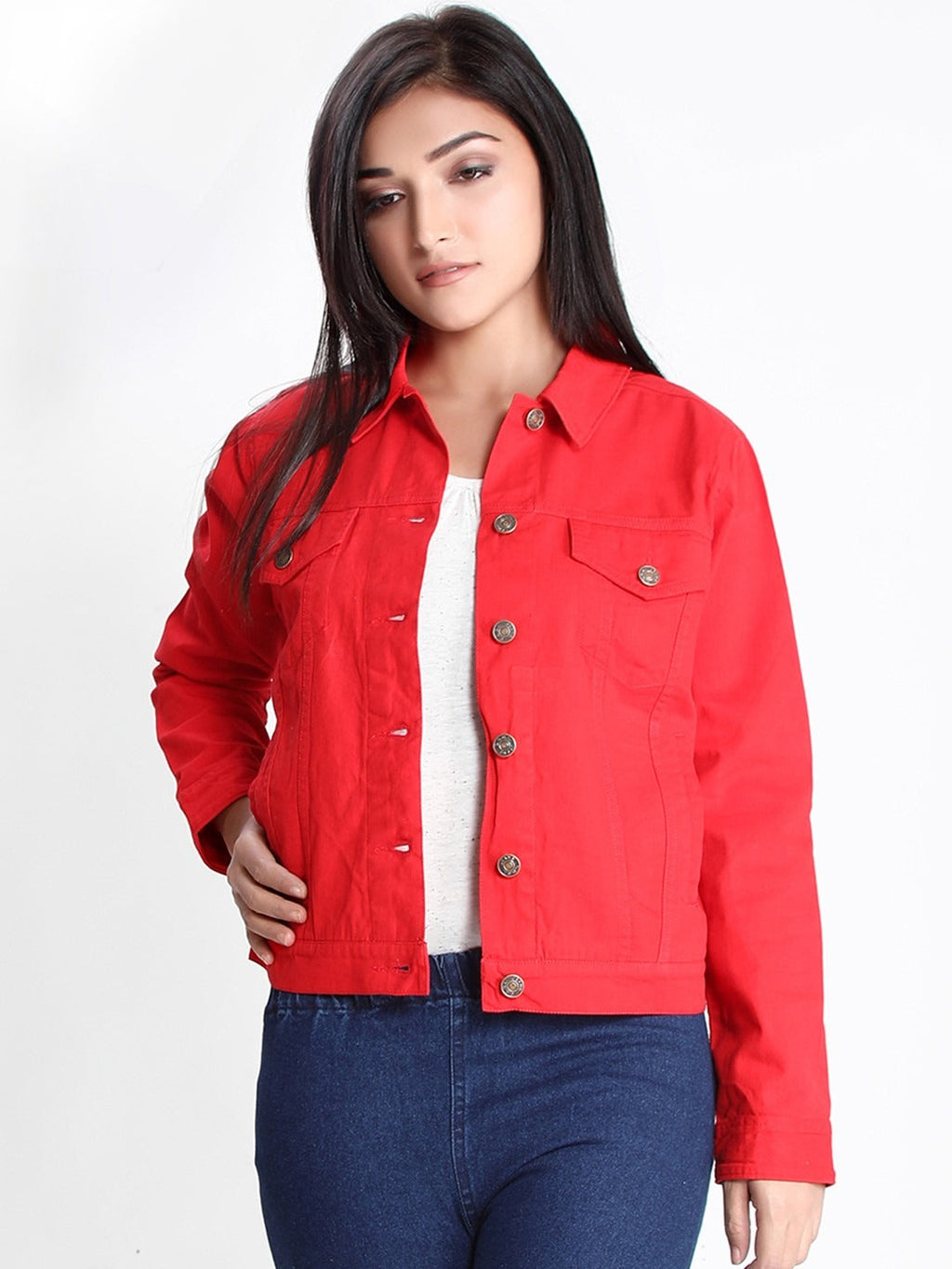 Women Red Lightweight Denim Jacket – Breathable, Stylish Outerwear by HARCHIZ Pakistan