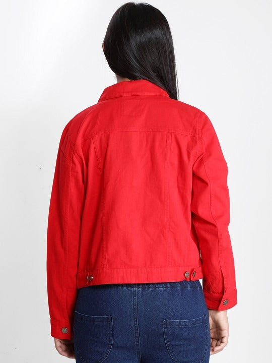 Women Red Lightweight Denim Jacket – Breathable, Stylish Outerwear by HARCHIZ Pakistan