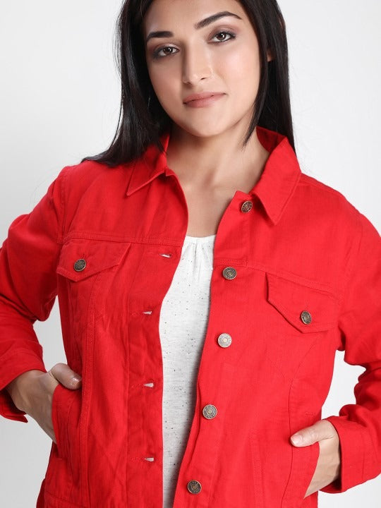 Women Red Lightweight Denim Jacket – Breathable, Stylish Outerwear by HARCHIZ Pakistan
