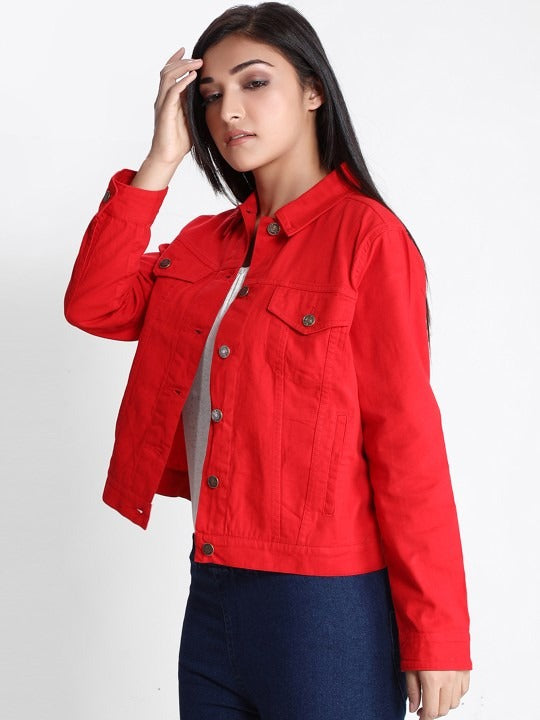 Women Red Lightweight Denim Jacket – Breathable, Stylish Outerwear by HARCHIZ Pakistan