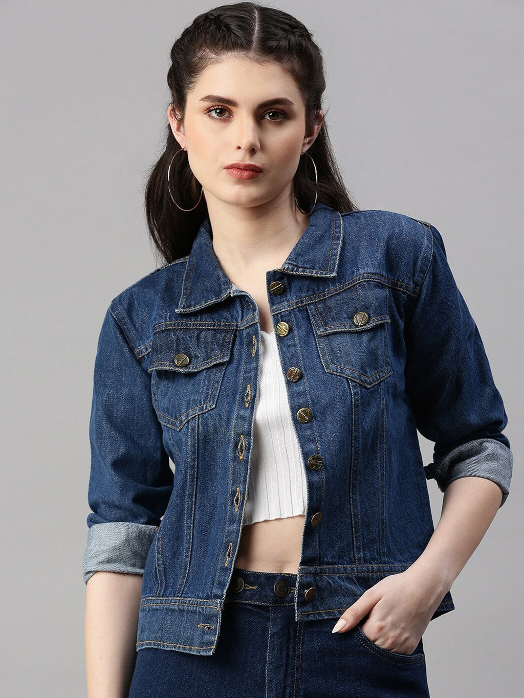 Harchiz Women Dark Blue Washed Denim Jacket – Premium Casual Street Style