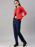 Spread Collar Red Crop Denim Jacket for Women – Stylish Casual Outerwear by HARCHIZ Pakistan