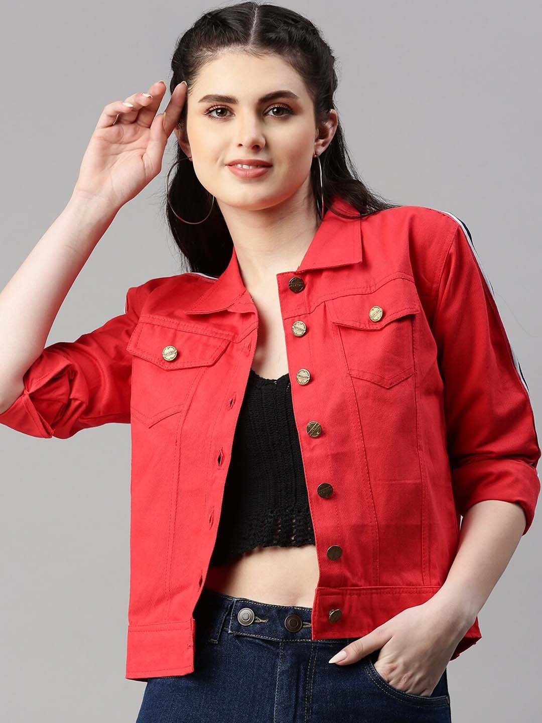 Spread Collar Red Crop Denim Jacket for Women – Stylish Casual Outerwear by HARCHIZ Pakistan