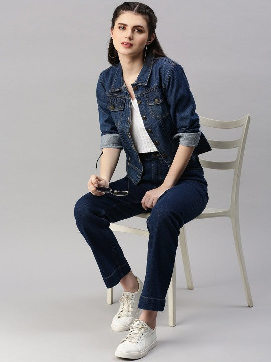 Harchiz Women Dark Blue Washed Denim Jacket – Premium Casual Street Style