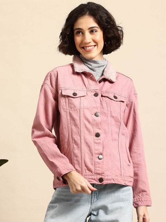 Twill Faux Fur Trim Pure Cotton Denim Jacket for Women – Warm Winter Outerwear | HARCHIZ Pakistan