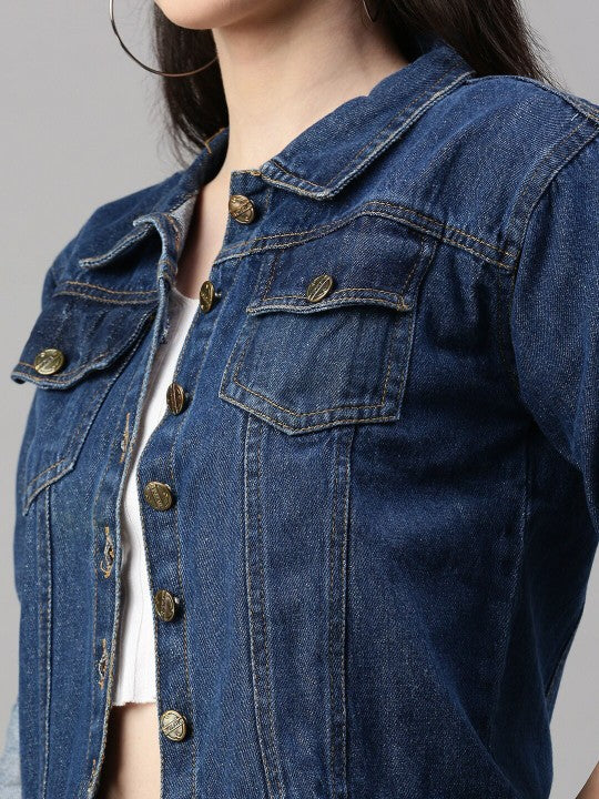 Harchiz Women Dark Blue Washed Denim Jacket – Premium Casual Street Style