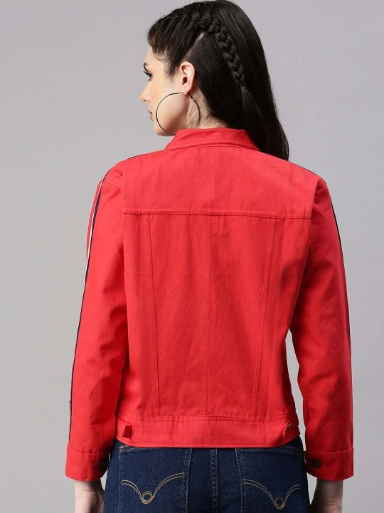 Spread Collar Red Crop Denim Jacket for Women – Stylish Casual Outerwear by HARCHIZ Pakistan