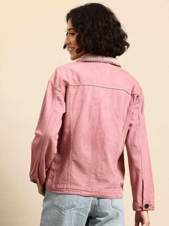 Twill Faux Fur Trim Pure Cotton Denim Jacket for Women – Warm Winter Outerwear | HARCHIZ Pakistan