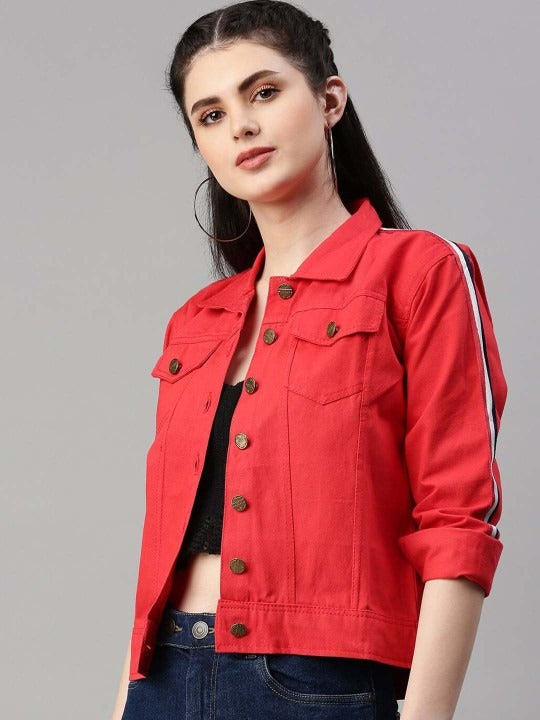 Spread Collar Red Crop Denim Jacket for Women – Stylish Casual Outerwear by HARCHIZ Pakistan
