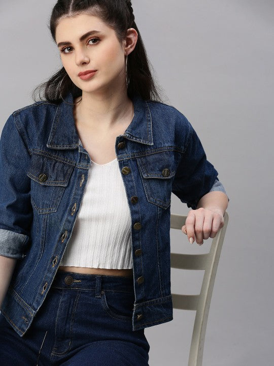 Harchiz Women Dark Blue Washed Denim Jacket – Premium Casual Street Style