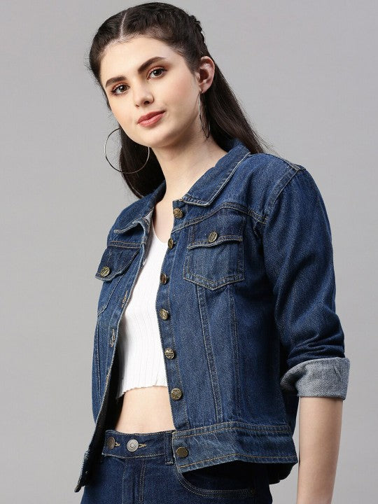 Harchiz Women Dark Blue Washed Denim Jacket – Premium Casual Street Style