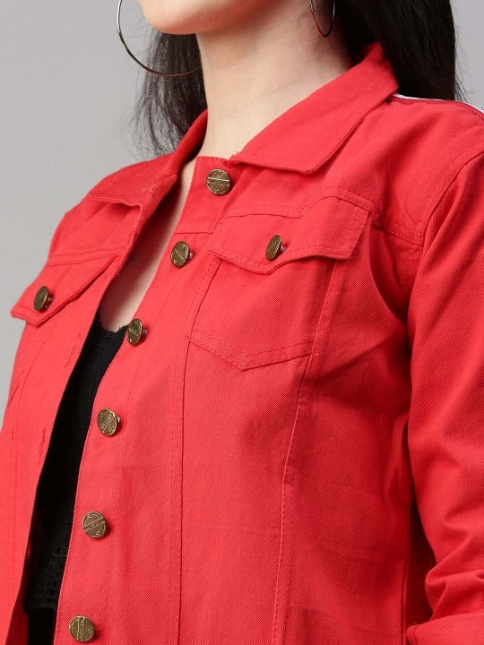Spread Collar Red Crop Denim Jacket for Women – Stylish Casual Outerwear by HARCHIZ Pakistan