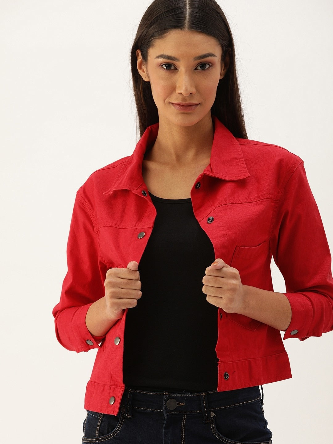 Women Red Solid Denim Jacket by HARCHIZ – Bold Street Style for Pakistani Fashion