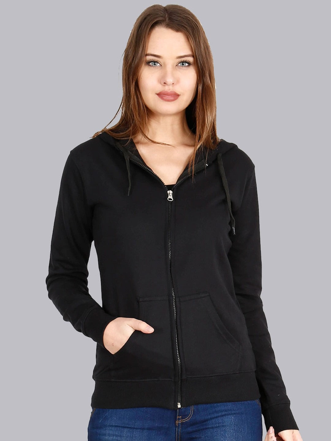Women Black Hooded Cotton Front-Open Zipper Jacket – Breathable Cotton Zip Hoodie for Pakistan | HARCHIZ