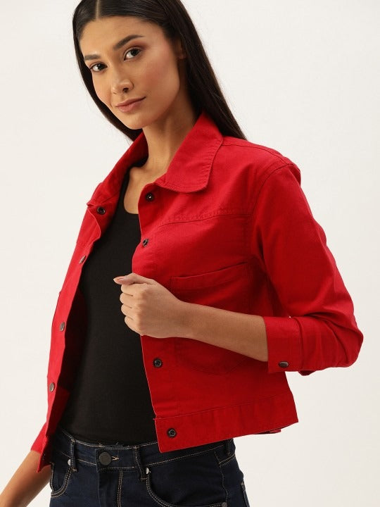 Women Red Solid Denim Jacket by HARCHIZ – Bold Street Style for Pakistani Fashion