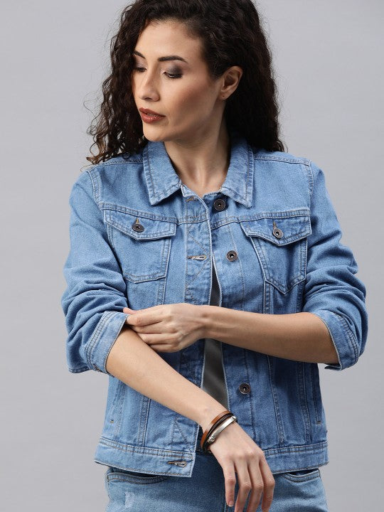 Harchiz Women Blue Washed Denim Jacket – Trendy & Everyday Style