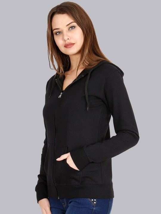 Women Black Hooded Cotton Front-Open Zipper Jacket – Breathable Cotton Zip Hoodie for Pakistan | HARCHIZ
