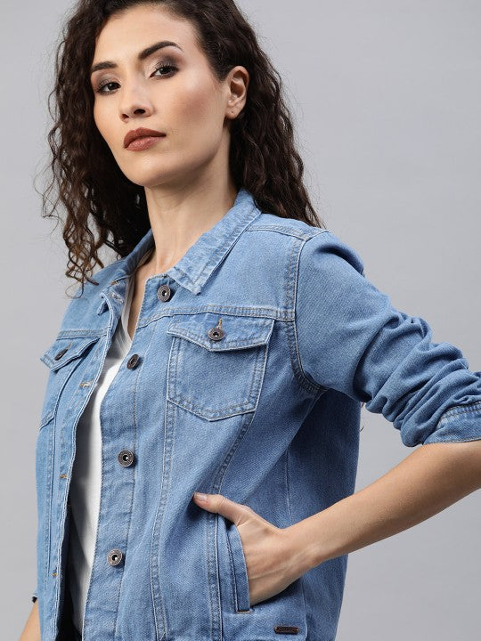 Harchiz Women Blue Washed Denim Jacket – Trendy & Everyday Style
