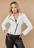 Women's White Leather Jacket Notched Style