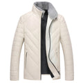 Men's Off-White Genuine Sheepskin Faux Fur Collar Quilted Shoulders Padded Thick Winter Warm Puffer Leather Jacket - Front View - Docacca