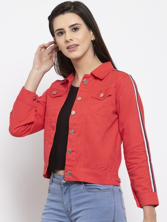 Women Red Crop Denim Jacket by HARCHIZ – Stylish Cotton Outerwear for Pakistani Fashion