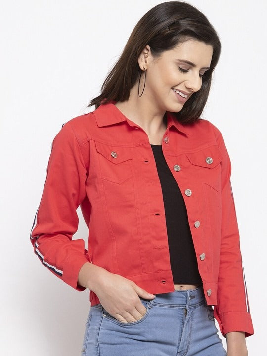 Women Red Crop Denim Jacket by HARCHIZ – Stylish Cotton Outerwear for Pakistani Fashion