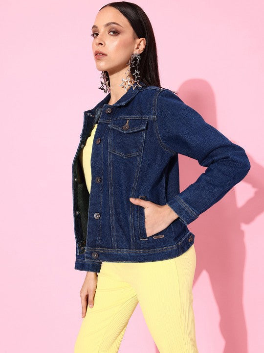Harchiz Women Blue Solid Denim Jacket – Stylish & Everyday Essential