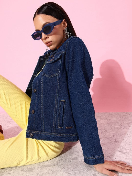 Harchiz Women Blue Solid Denim Jacket – Stylish & Everyday Essential