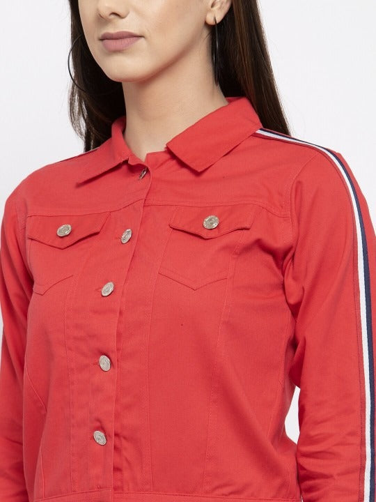 Women Red Crop Denim Jacket by HARCHIZ – Stylish Cotton Outerwear for Pakistani Fashion