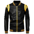 Men's Black Biker Genuine Sheepskin Sporty Slim Fit Yellow Stripes Rib Knit Bomber Motorcycle Rider Leather Jacket - Front View - Docacca