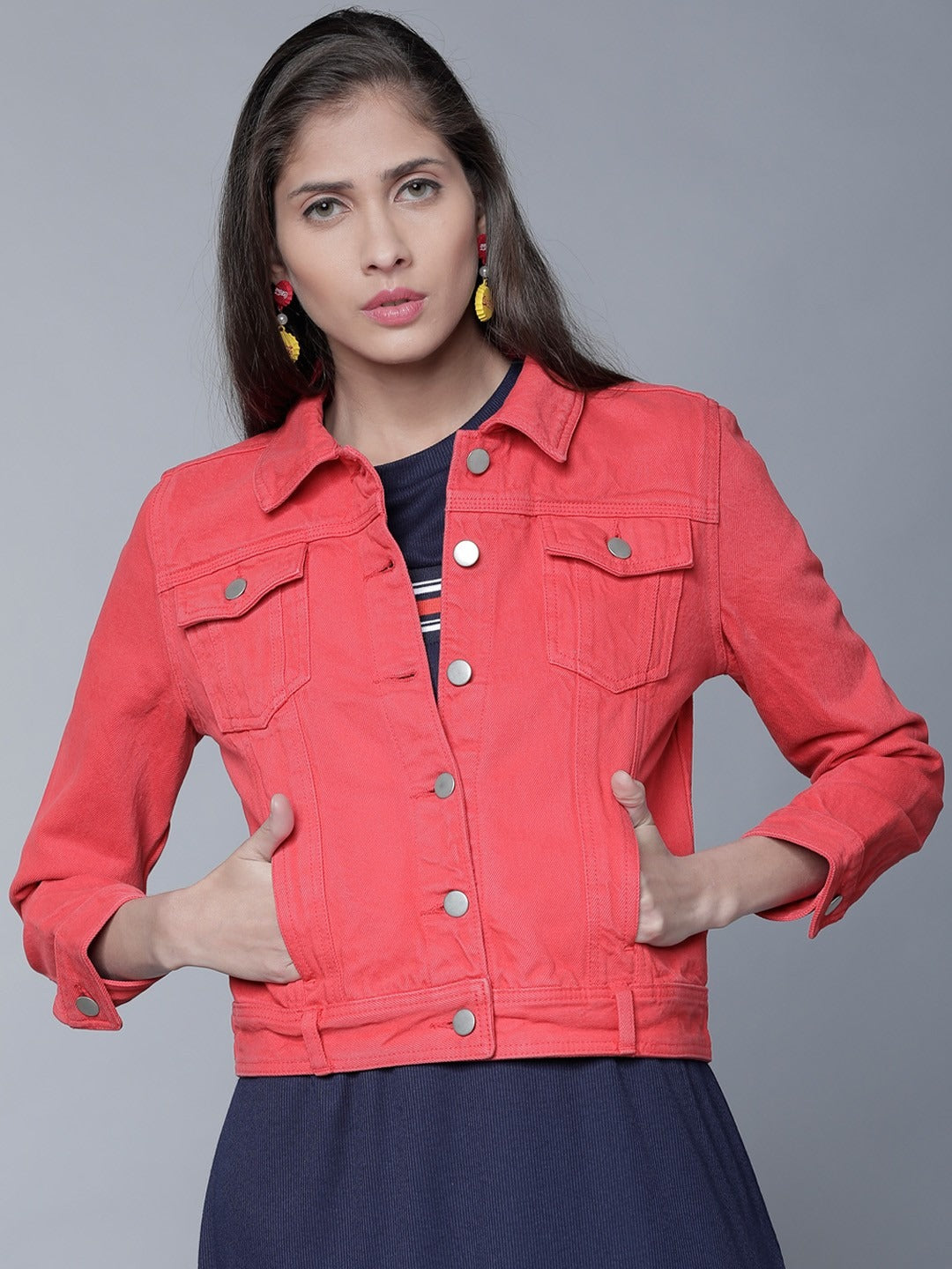 Women Red Solid Denim Jacket by HARCHIZ – Lightweight Cotton Outerwear for Pakistani Style