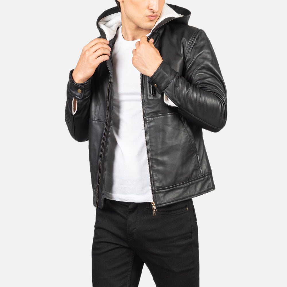 Black Hooded Sheep Leather Bomber Jacket