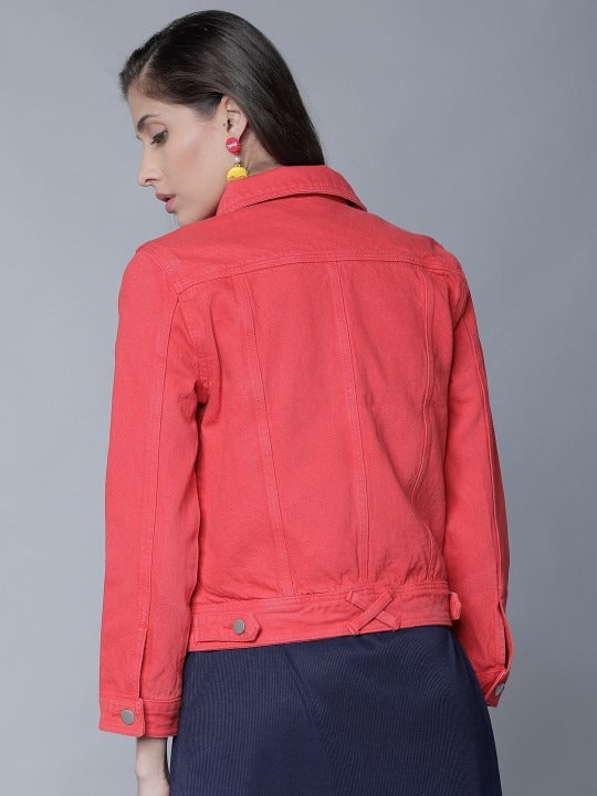 Women Red Solid Denim Jacket by HARCHIZ – Lightweight Cotton Outerwear for Pakistani Style