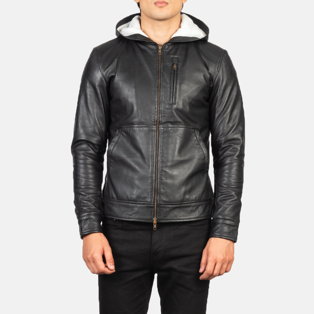 Black Hooded Sheep Leather Bomber Jacket