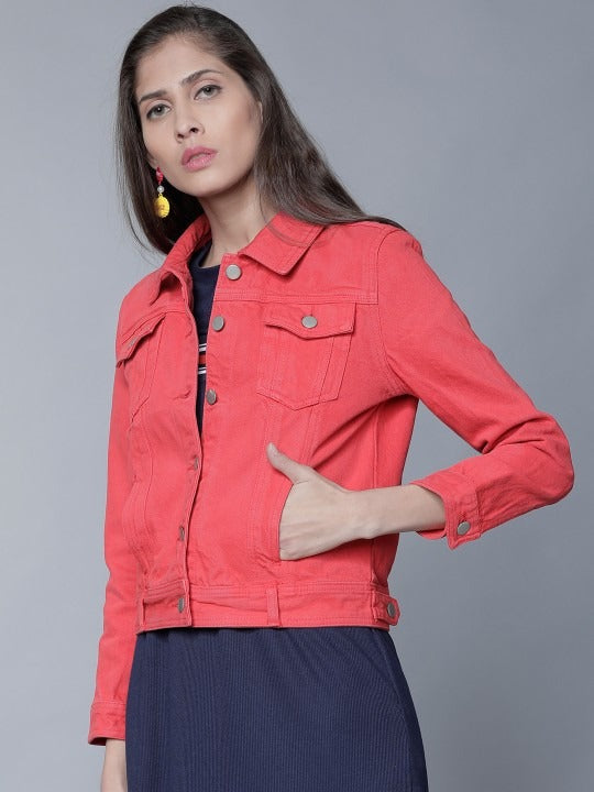 Women Red Solid Denim Jacket by HARCHIZ – Lightweight Cotton Outerwear for Pakistani Style