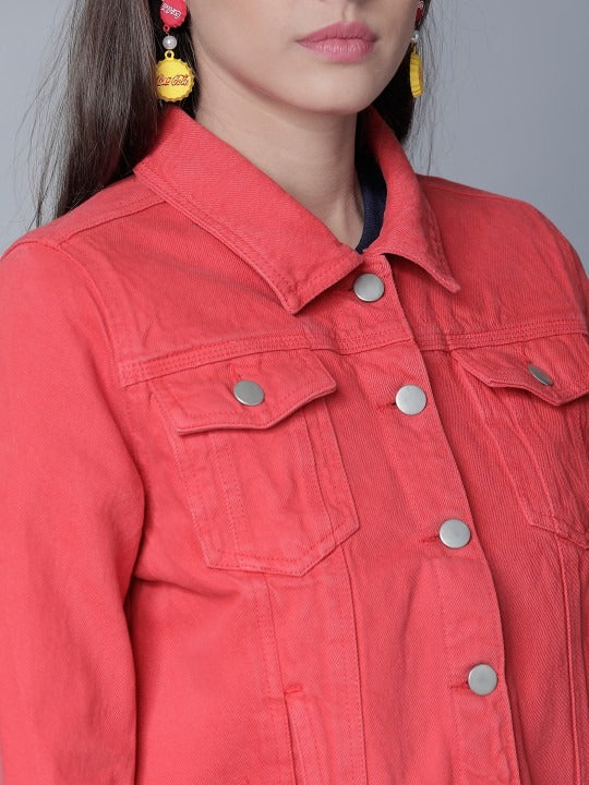 Women Red Solid Denim Jacket by HARCHIZ – Lightweight Cotton Outerwear for Pakistani Style