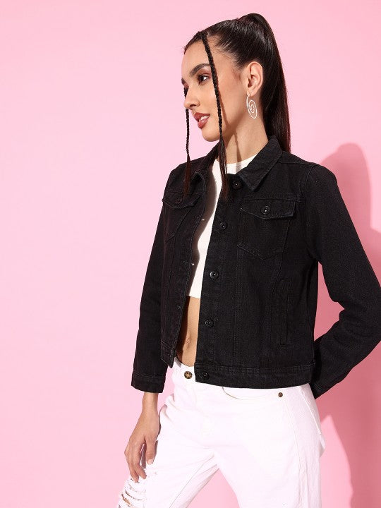 Harchiz Women Black Solid Stretch Denim Jacket – Pure Comfort & Modern Fit