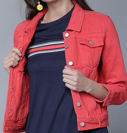 Women Red Solid Denim Jacket by HARCHIZ – Lightweight Cotton Outerwear for Pakistani Style
