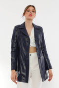 Jessica Blue Leather Trench Coat For Women