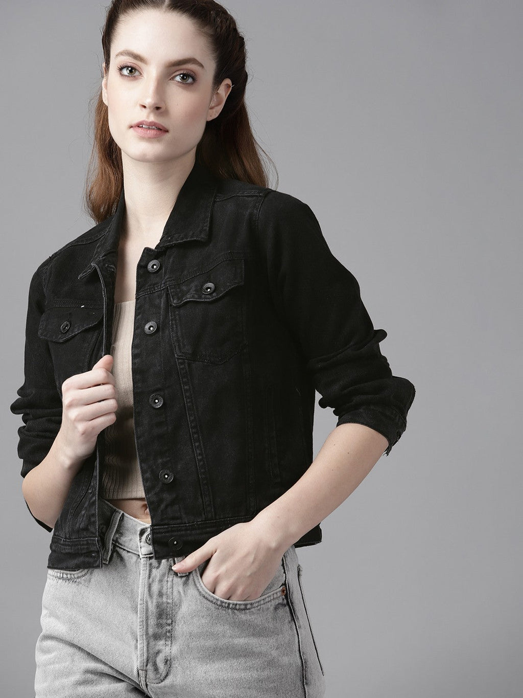 Harchiz Women Black Solid Denim Jacket – Classic Everyday Style