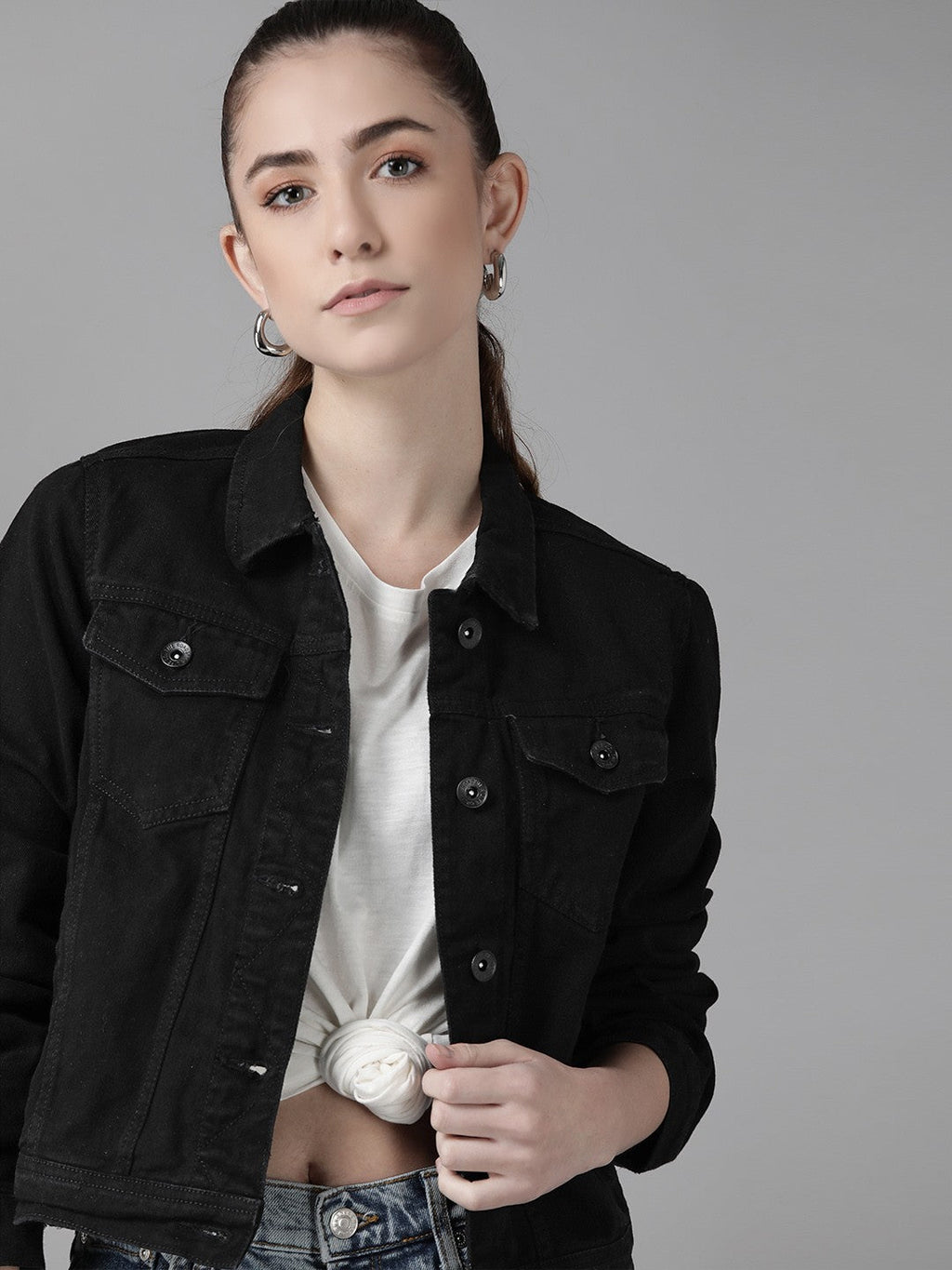 Harchiz Women Pure Cotton Black Denim Jacket – Classic Everyday Style