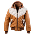 Men's White Beige Genuine Sheepskin Diamond Quilted Rib Knitted Bomber Zip-up Hooded Stylish Puffer Leather Jacket - Front View - Docacca