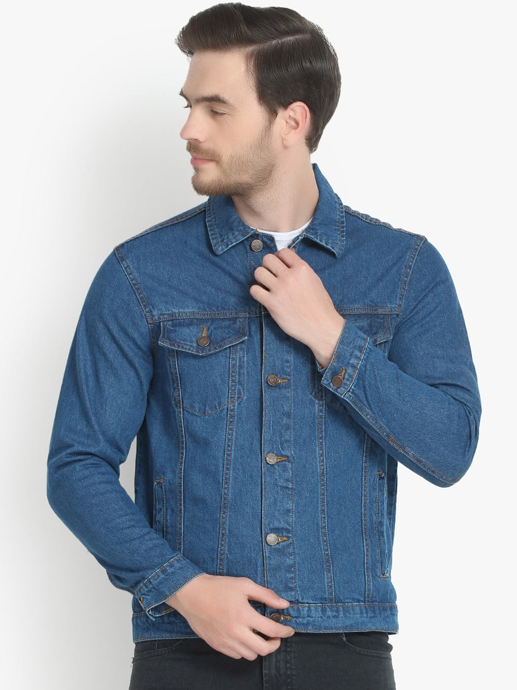 Men Blue Solid Denim Jacket – Breathable All-Season Streetwear for Pakistan | HARCHIZ
