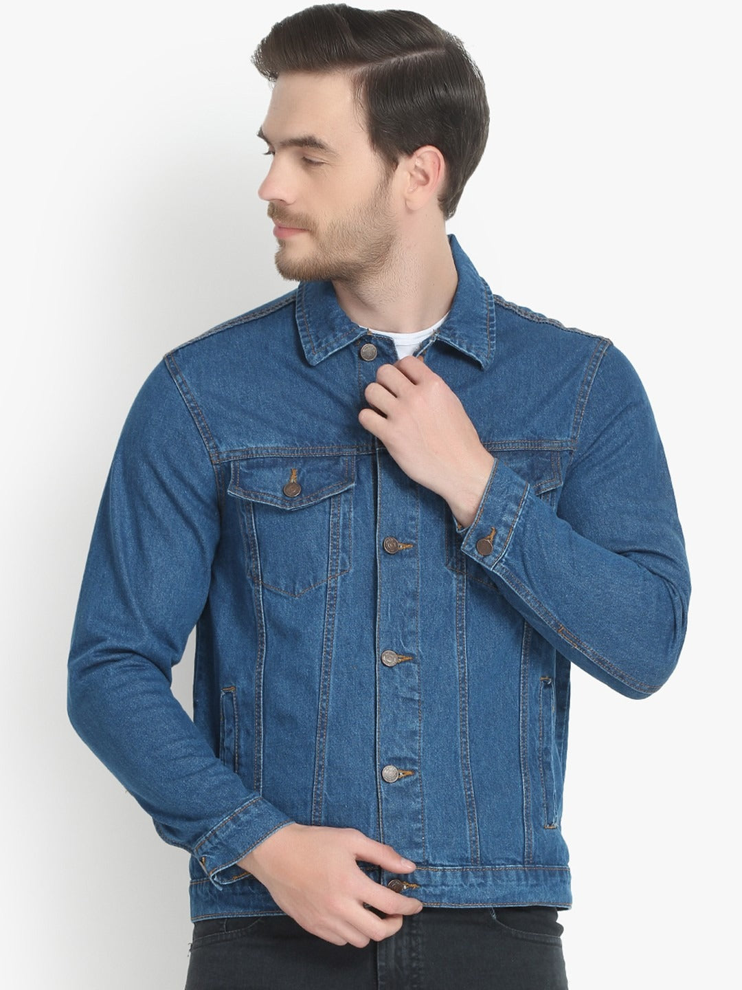 Men Blue Solid Denim Jacket – Breathable All-Season Streetwear for Pakistan | HARCHIZ