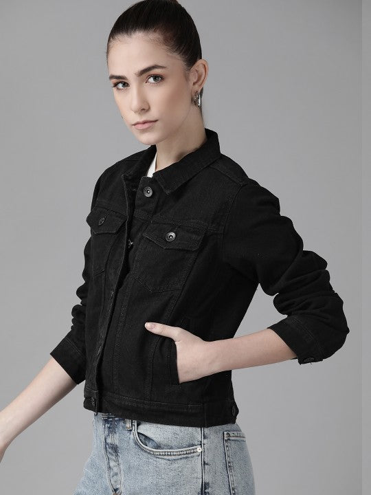 Harchiz Women Pure Cotton Black Denim Jacket – Classic Everyday Style