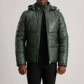 HARCHIZ Green Hooded Leather Puffer Jacket