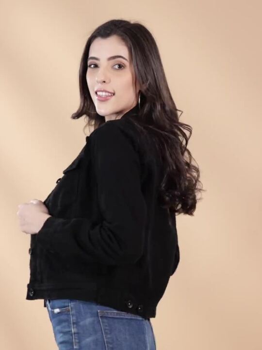 Harchiz Women Pure Cotton Black Denim Jacket – Classic Everyday Style